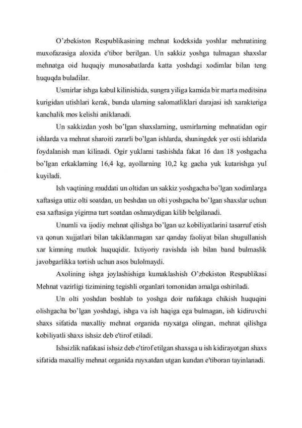 Ayollar va yoshlar mehnati. Ishga joylashtirish. Mehnat shartnomasi. Ish vaqti. Dam olish vaqti. Ta'tillar - Image 3
