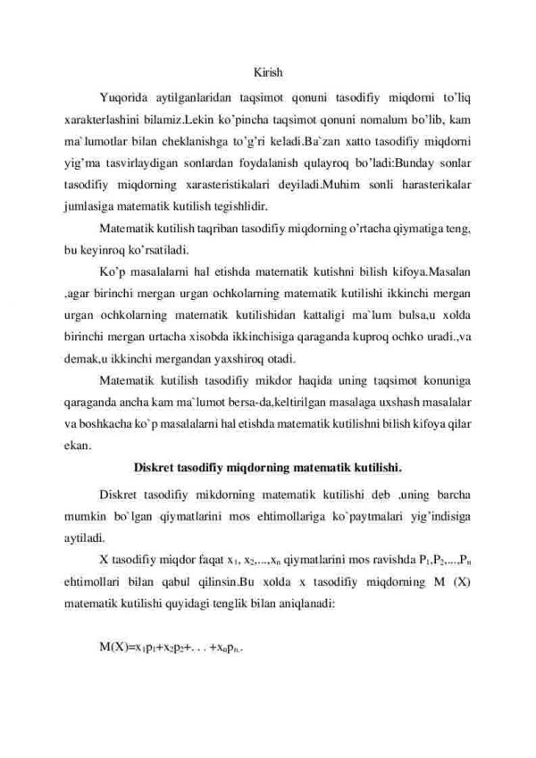 Diskret tasоdifiy miqdоrning sоnli xarasteristikalari. Matematik kutilish. Dispersiya - Image 2