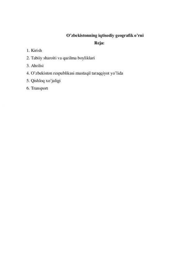O’zbekistonning iqtisodiy geografik o’rni