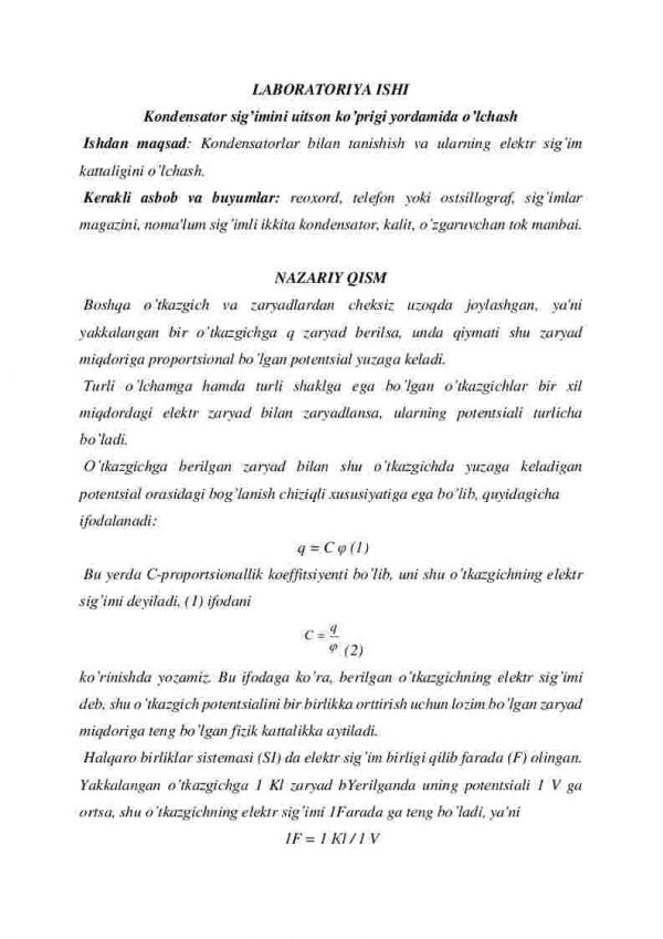 Kondеnsator sig’imini uitson ko’prigi yordamida o’lchash