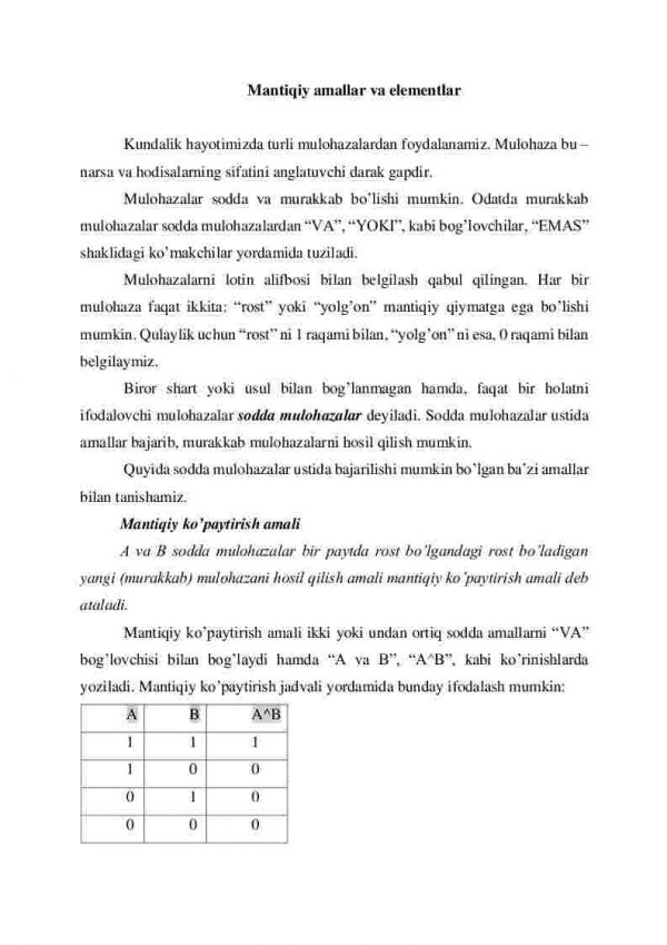 Mantiqiy amallar va elementlar