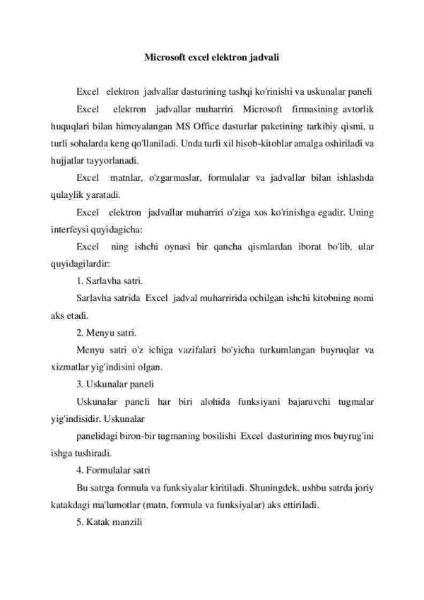 Microsoft excel elektron jadvali