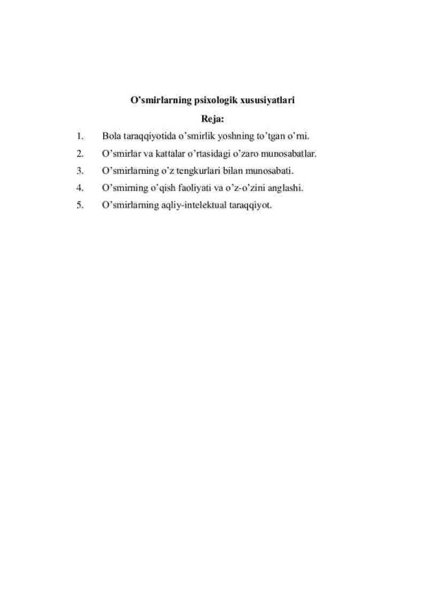 O’smirlarning psixologik xususiyatlari