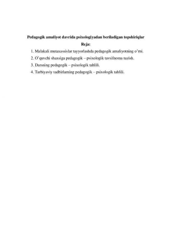Pedagogik amaliyot davrida psixologiyadan beriladigan topshiriqlar
