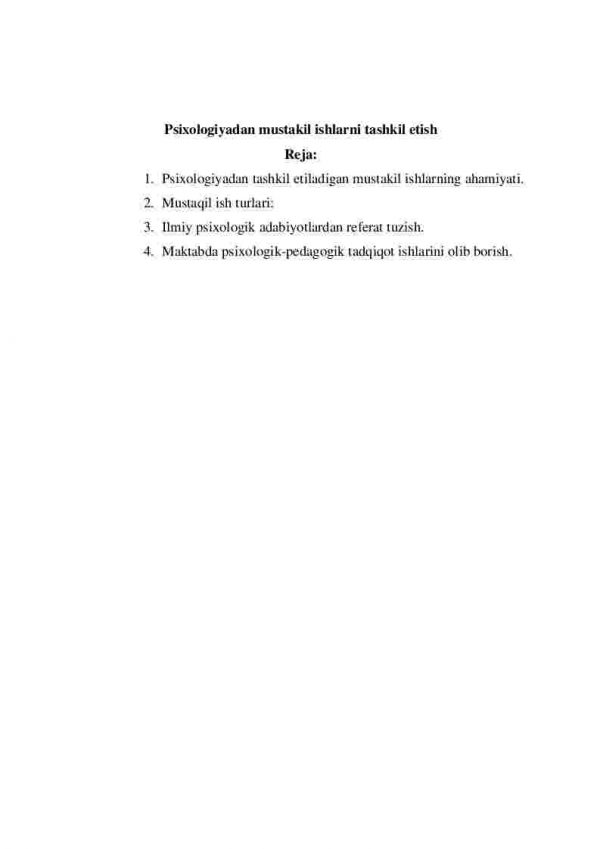 Psixologiyadan mustakil ishlarni tashkil etish
