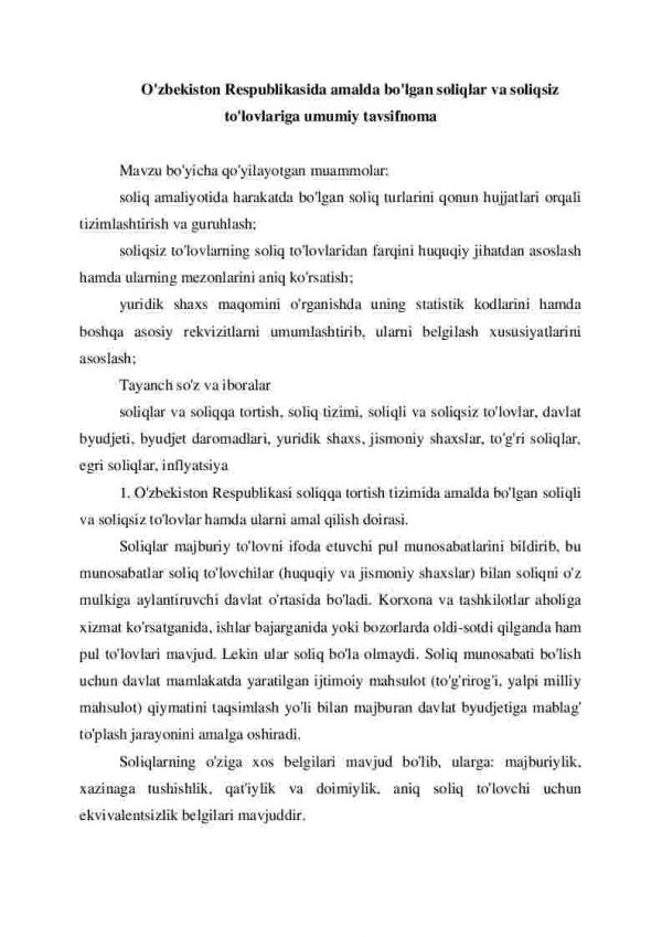 O'zbekiston Respublikasida amalda bo'lgan soliqlar va soliqsiz to'lovlariga umumiy tavsifnoma