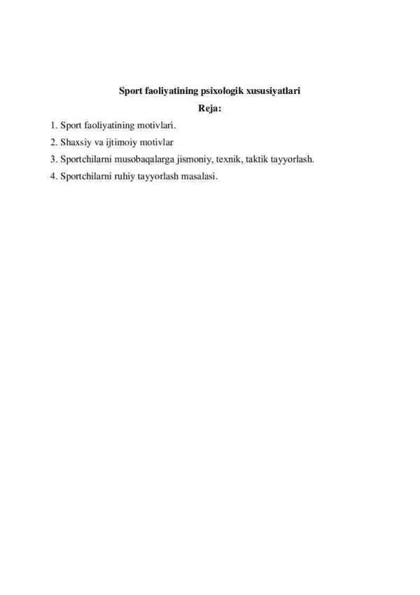 Sport faoliyatining psixologik xususiyatlari