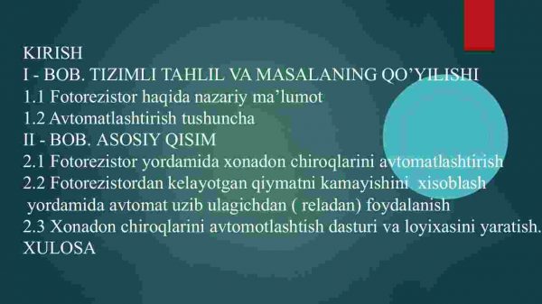 ​  Fotorezistordan kelayotgan qiymatni kamayishini zisoblash yordamida avtomat uzib ulagichdan foydalanib xonodon chiroqlarini avtomatlashtirish dasturi va loyixasini yaratish - Image 2