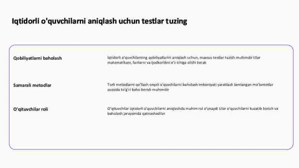 Iqtidorli o'quvchilarni o'qitish. O'quvchilarning bilim ko'nikma va malakalarini tashxis etish​ - Image 2