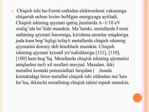 Metall-yarim o'tkazgich kontakti (Chiqish ishi. "Metall-yarim o'tkazgich chegarasida kontakt hodisalari. Ularning energetik diagrammalari va volt - amper xarakteristikalari. Metall- yarim o'tkazgich kontaktida to'g'rilash hodisasi. Qo'llanilishi) - Image 4