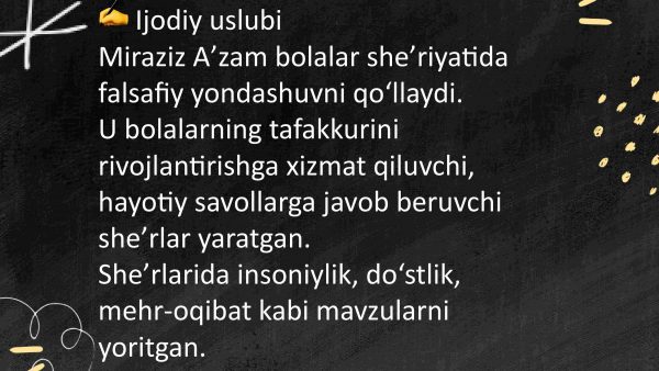 Miraziz Aʼzam bolalarning faylasuf shoiri. Ilyos Muslim bolalar shoiri - Image 4