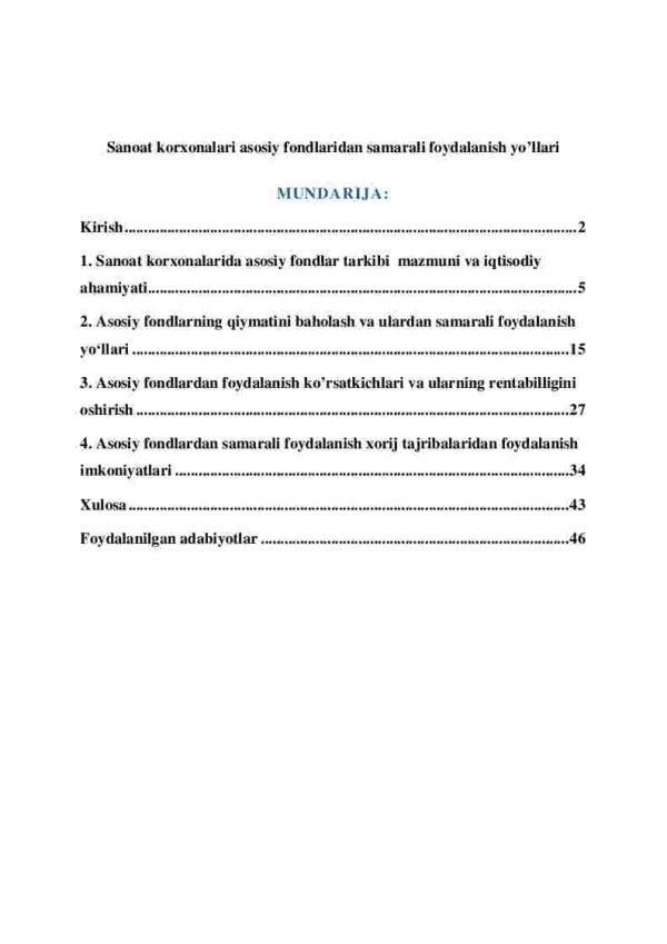 Sanoat korxonalari asosiy fondlaridan samarali foydalanish yo’llari