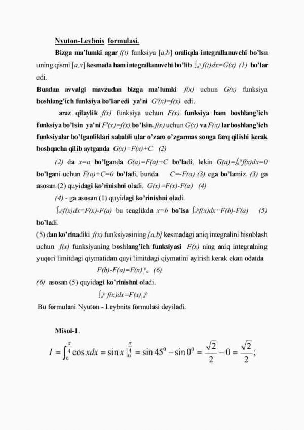 Nyutоn Lеybnеs vа аniq intеgrаldа bo'lаklаb intеgrаllаsh hаmdа o'zgаruvchini аlmаshtirish - Image 2