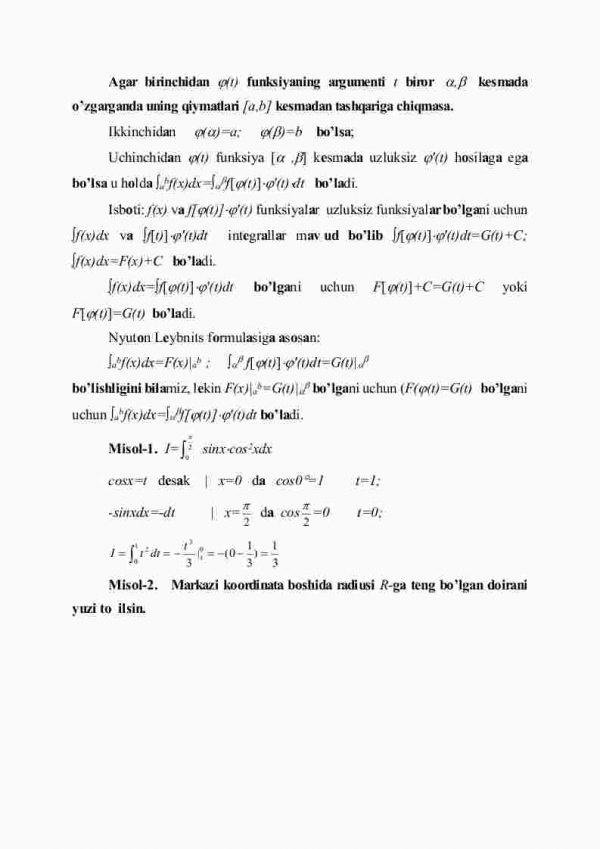 Nyutоn Lеybnеs vа аniq intеgrаldа bo'lаklаb intеgrаllаsh hаmdа o'zgаruvchini аlmаshtirish - Image 4