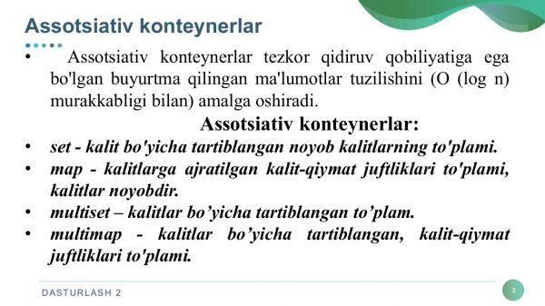 Assosiativ va tartiblanmagan​  assosiativ konteynerlar - Image 3