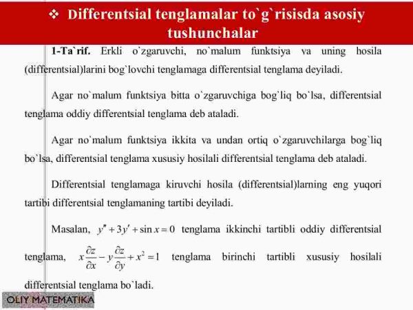 Differentsial tenglamalar to'g'risida asosiy tushunchalar. Birinchi tartibli differentsial tenglamalar uchun Koshi masalasi - Image 3