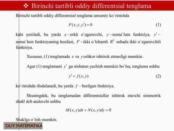 Differentsial tenglamalar to'g'risida asosiy tushunchalar. Birinchi tartibli differentsial tenglamalar uchun Koshi masalasi - Image 4