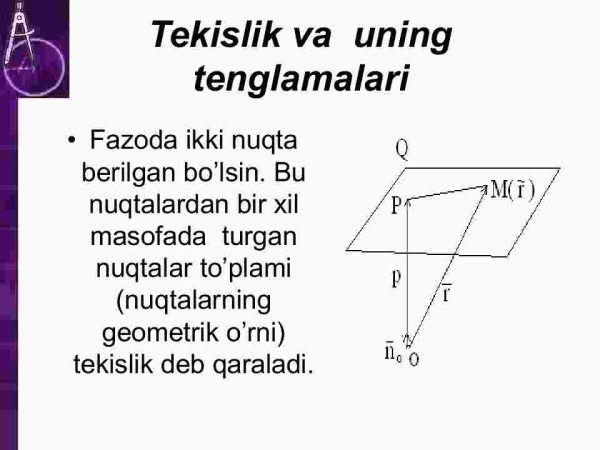 Fazoda to'g'ri chiziq va tekisliklarning turli tenglamalari.​ Tekislikda to'g'ri chiziqning turli tenglamalari.​ Aylana va sfera tenglamalari - Image 2