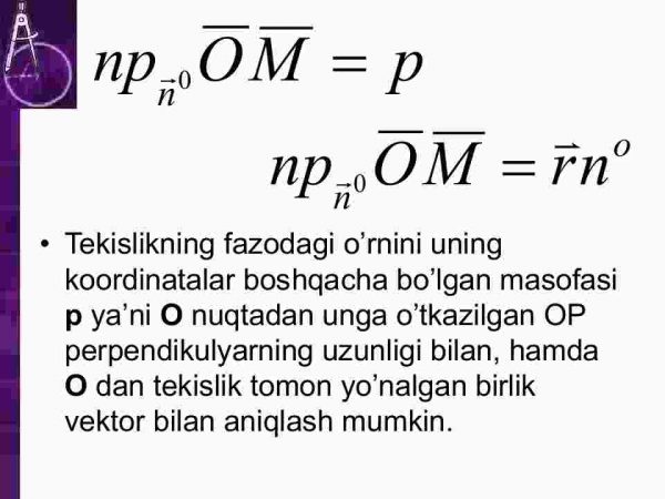 Fazoda to'g'ri chiziq va tekisliklarning turli tenglamalari.​ Tekislikda to'g'ri chiziqning turli tenglamalari.​ Aylana va sfera tenglamalari - Image 3
