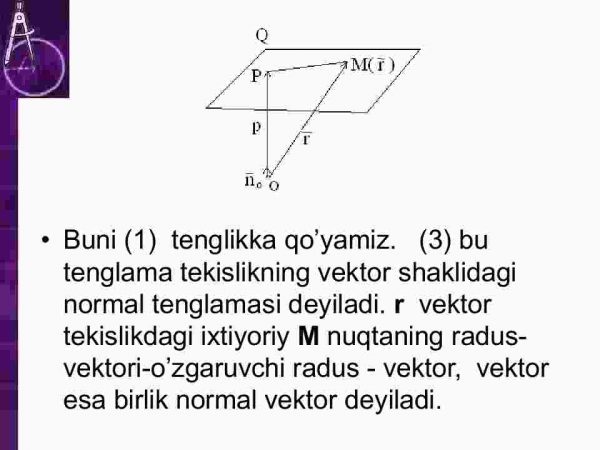 Fazoda to'g'ri chiziq va tekisliklarning turli tenglamalari.​ Tekislikda to'g'ri chiziqning turli tenglamalari.​ Aylana va sfera tenglamalari - Image 4
