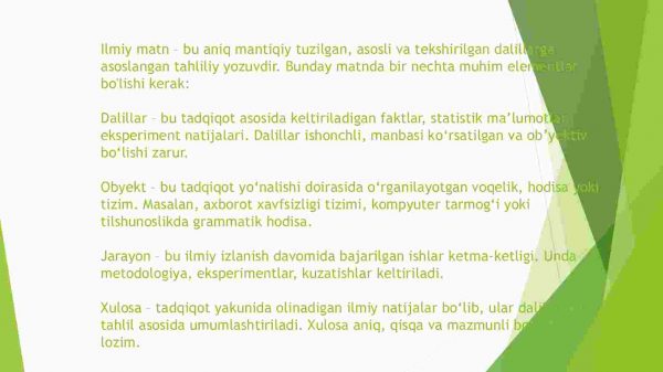 Ilmiy matnda dalillar, obyektlar, jarayonlar va xulosalarning berilishi. Ilmiy tadqiqot matnini yaratish. Mavzuni tanlash. Iqtibos keltirish. Parafraza - Image 3