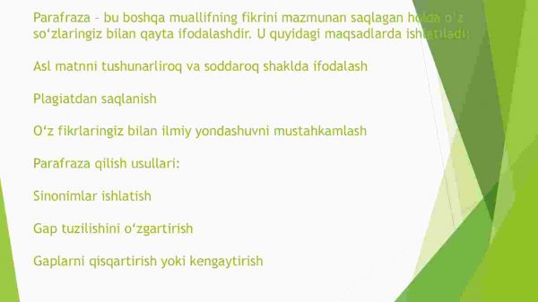 Ilmiy matnda dalillar, obyektlar, jarayonlar va xulosalarning berilishi. Ilmiy tadqiqot matnini yaratish. Mavzuni tanlash. Iqtibos keltirish. Parafraza - Image 4