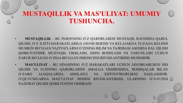 Mustaqillik ma'suliyat va o'z-o'zini nazorat qilish. O'quvchilar shaxsini har tomonlama kamol toptirish - Image 4