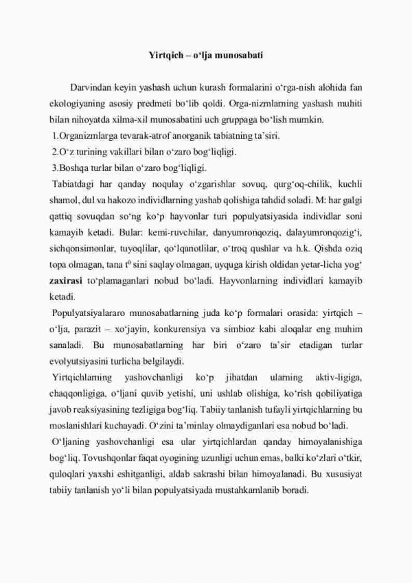 Populyatsiyalararo munosabatlarning har xil tiplari va klassifikatsiyasi. Yirtqich – o'lja, parazit xo'jayin munosabatlari - Image 2