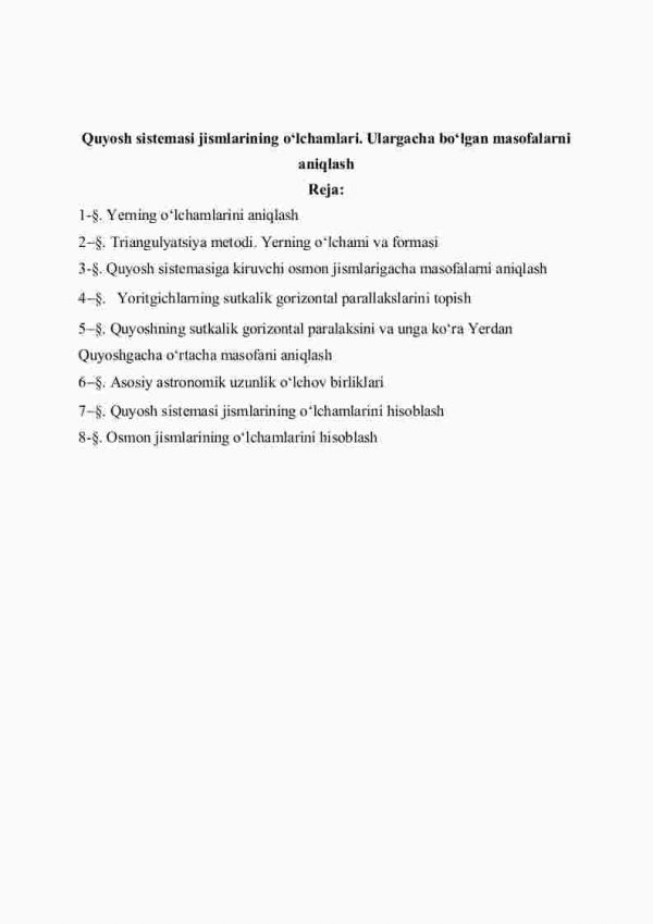 Quyosh sistemasi jismlarining o'lchamlari. Ulargacha bo'lgan masofalarni aniqlash