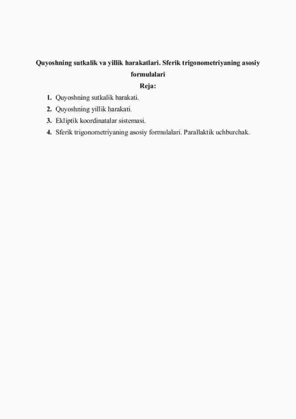 Quyoshning sutkalik va yillik harakatlari. Sferik trigonometriyaning asosiy formulalari