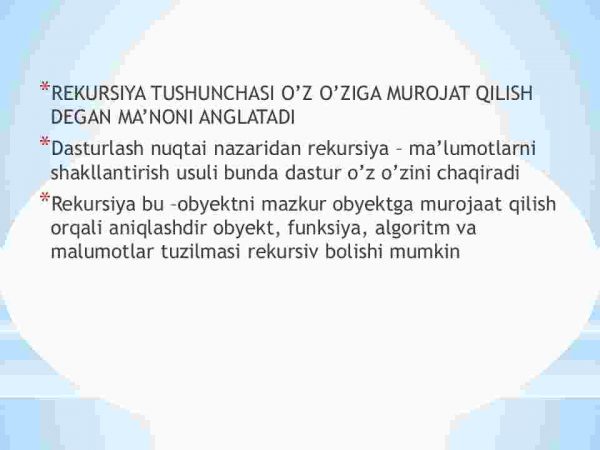 Rekursiya va uni dasturlashda ishlatish.Rekursiv algoritmlar,ularning tahili.Rekursiyaga doir misollar - Image 3