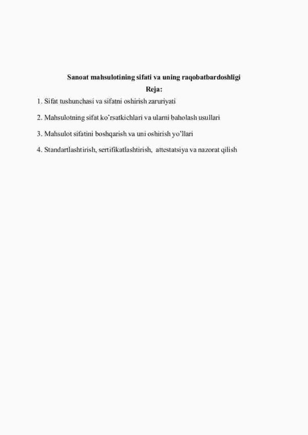 Sanoat mahsulotining sifati va uning raqobatbardoshligi