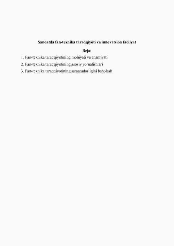 Sanoatda fan-texnika taraqqiyoti va innovatsion faoliyat