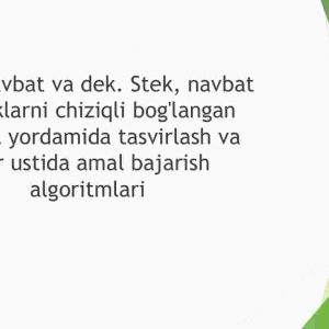 Stek, navbat va dek. Stek, navbat va deklarni chiziqli bog'langan ro'yhat yordamida tasvirlash va ular ustida amal bajarish algoritmlari