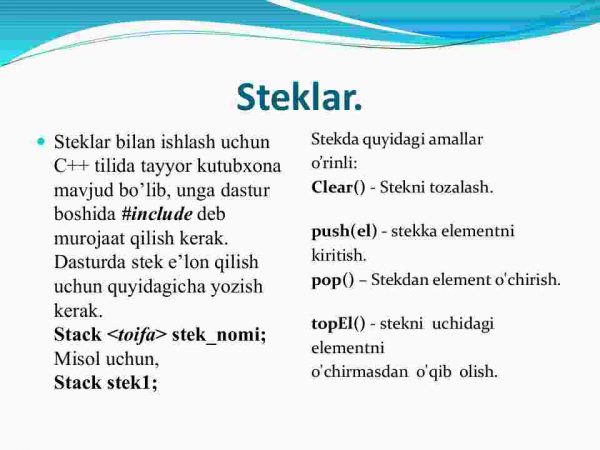 Stek. Stekni massiv yordamida tasvirlash va ular ustida amal bajarish algoritmlari - Image 4