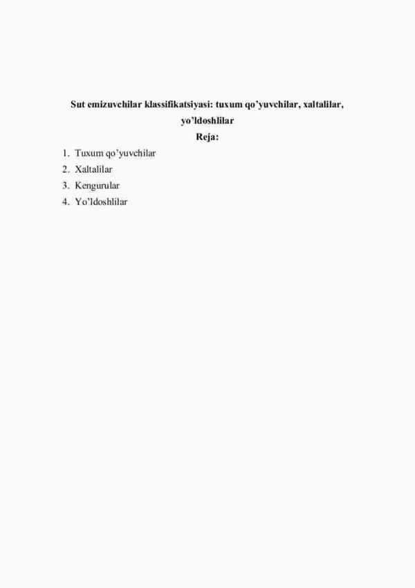 Sut emizuvchilar klassifikatsiyasi: tuxum qo'yuvchilar, xaltalilar, yo'ldoshlilar