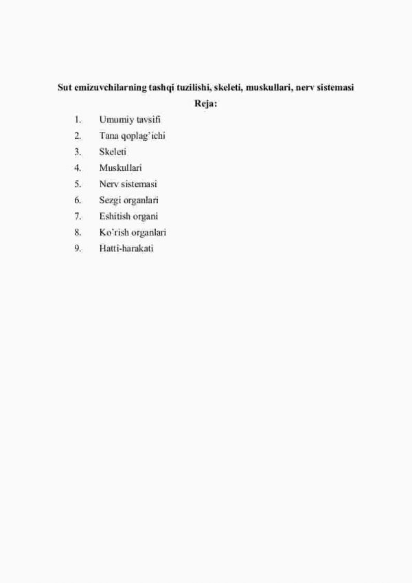 Sut emizuvchilarning tashqi tuzilishi, skеlеti, muskullari, nеrv sistеmasi