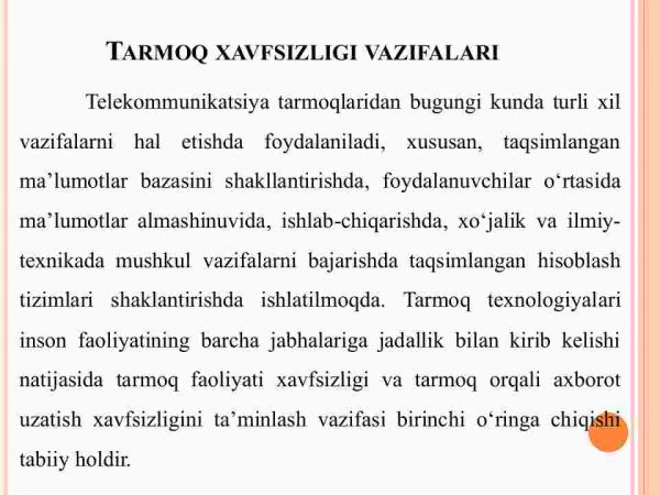 Tarmoq xavfsizligi. Dasturiy va apparat ta'minoti xavfsizligi. Tarmoqlar va tarmoqlararo axborotlarni himoyalash usullari va vositalari - Image 3