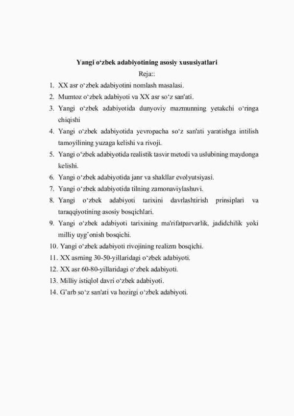 Yangi o'zbek adabiyotining asosiy xususiyatlari
