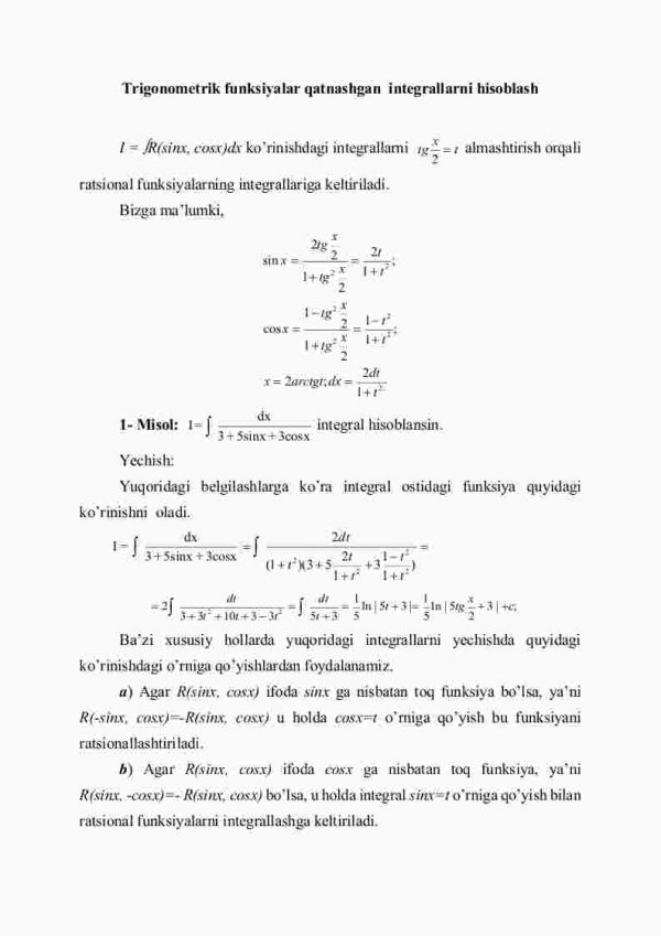 Trigоnоmеtrik funksiyalаr qаtnаshgаn  intеgrаllаrni hisоblаsh