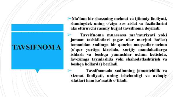 Ma'lumot-axborot hujjatlari:  tavsifnoma, tavsiyanoma, tarjimayi hol - Image 2