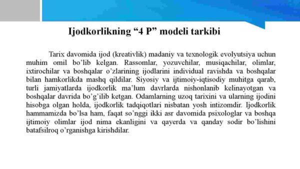 Ijodkorlikning "4 P" modeli. Ijodiy shaxs, jarayon, mahsulot va ijodiy bosim - Image 2