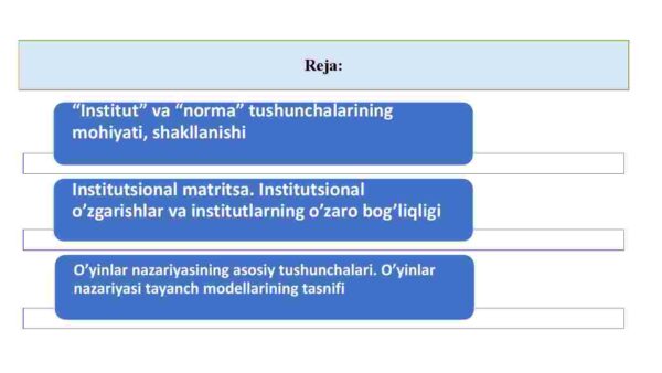 Institutlar va ularning jamiyat rivojlanishidagi roli o'yinlar  nazariyasi  va  o'zaro hamkorlikni modellashtirish reja instituti va bozor instituti - Image 2