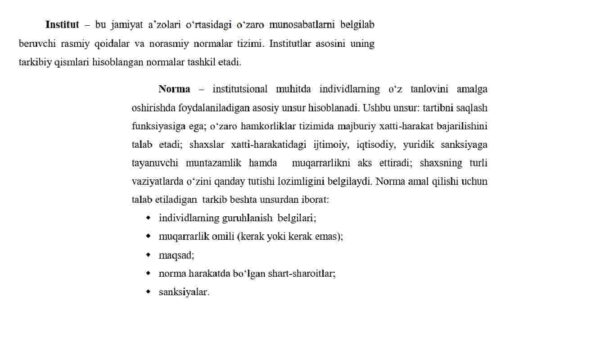 Institutlar va ularning jamiyat rivojlanishidagi roli o'yinlar  nazariyasi  va  o'zaro hamkorlikni modellashtirish reja instituti va bozor instituti - Image 4