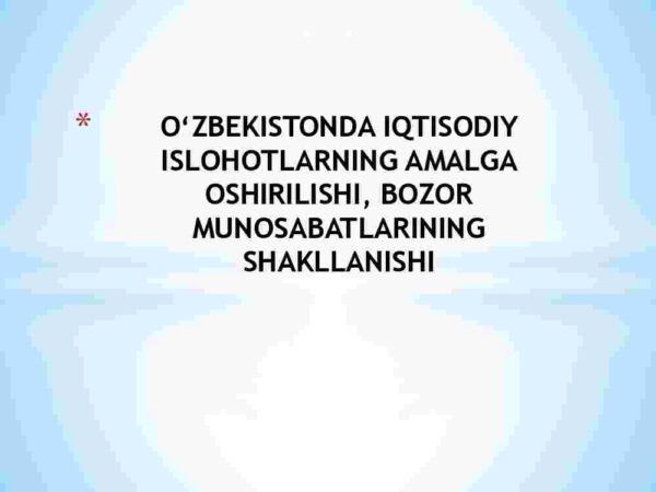 O'zbekistonda iqtisodiy islohotlarning amalga oshirilishi, bozor munosabatlarining shakllanishi