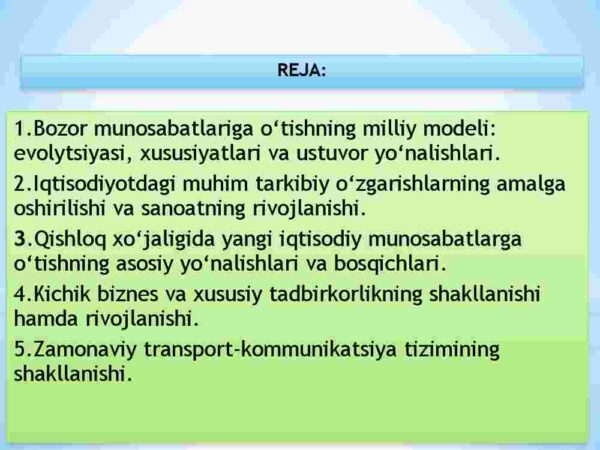 O'zbekistonda iqtisodiy islohotlarning amalga oshirilishi, bozor munosabatlarining shakllanishi - Image 2