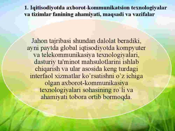"Iqtisodiyotda axborot-kommunikatsion texnologiyalar va tizimlar" faniga kirish. - Image 3