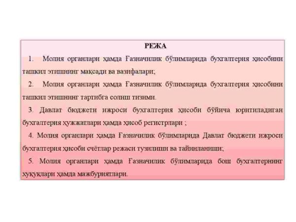 Moliya organlari, g'aznachilik va uning hududiy bo'linmalarida buxgalteriya hisobini tashkil etishning uslubiy asoslari - Image 2