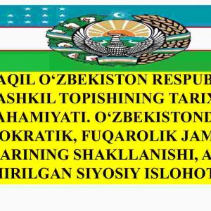 Mustaqil O'zbekiston Respublikasi tashkil topishining tarixiy ahamiyati.O'zbekistonda demokratik, fuqarolik jamiyati asoslarining shakllanishi, amalga oshirilgan siyosiy islohotlar