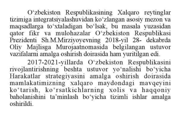 O'zbekiston Respublikasining xalqaro reyting va indekslardagi o'rni va nufuzining ortib borishi - Image 3